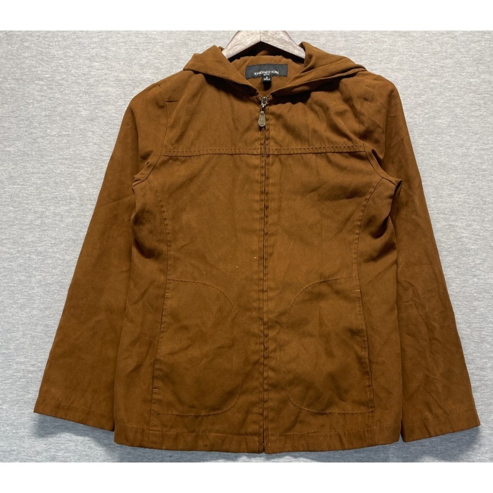 Jones New York Suede Jacket Women Small Brown Long Sleeve Hooded Full Zip Winter